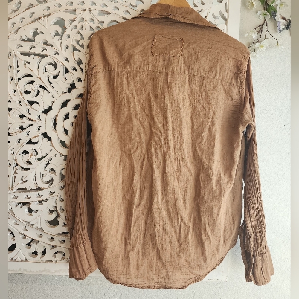 Q HOUSEBOF BASICS BROWN GAZE BLOUSE ORGANIC FRONT BUTTON UNISEX SMALL - Picture 9 of 13